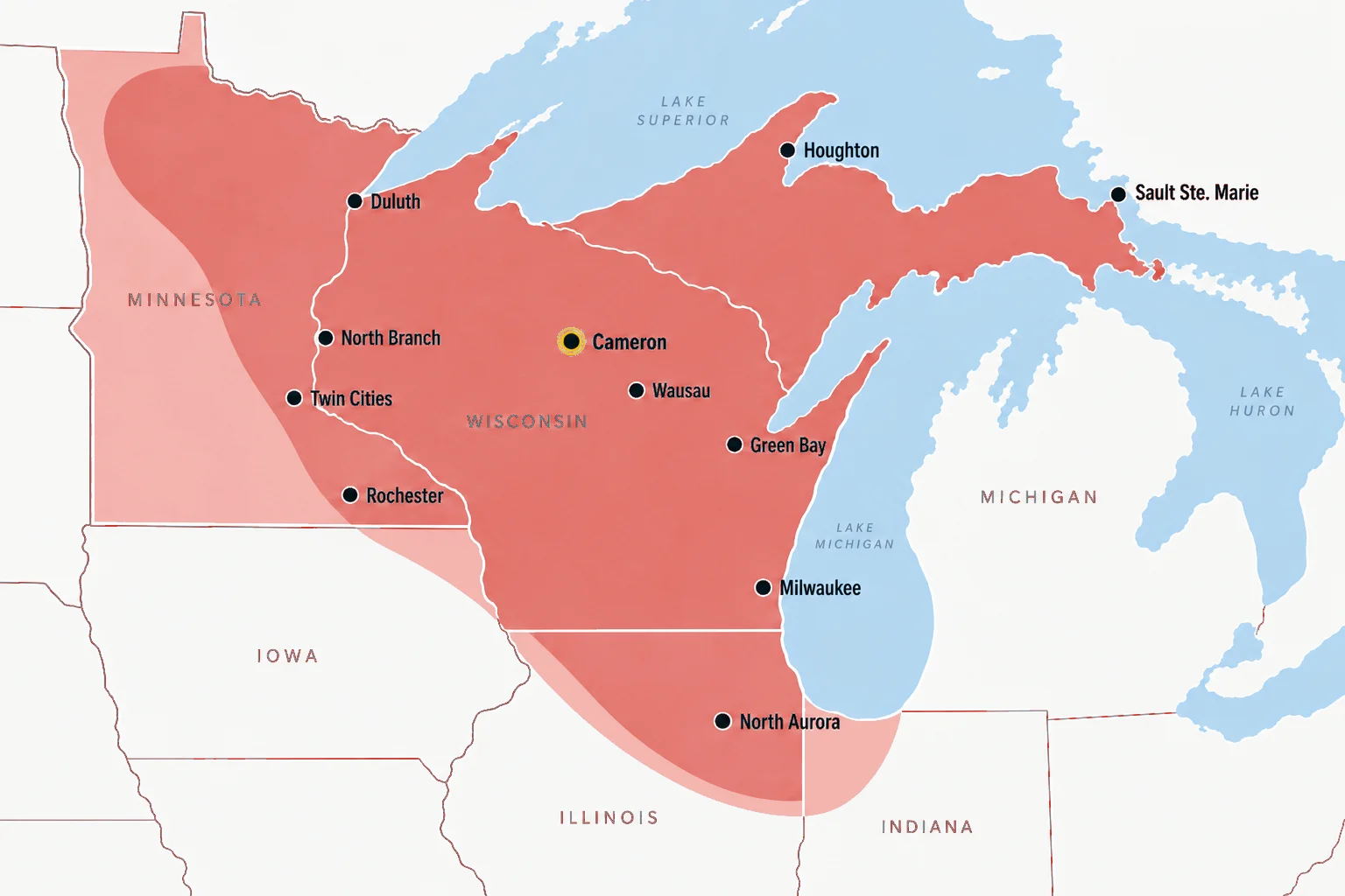 Wenger Distributing service area covering Wisconsin, Minnesota, and Michigan, headquartered in Cameron, WI
